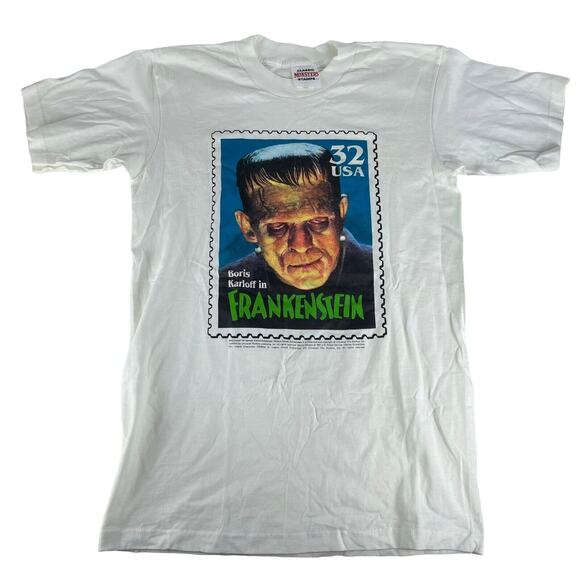 Vintage 90s Boris Karloff Frankenstein USA Monster Stamp T Shirt L/XL Youth - Picture 1 of 7